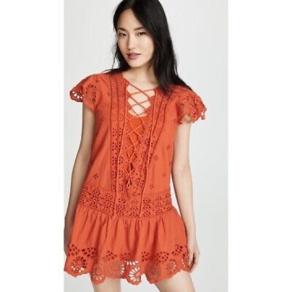 Free People Esperanza Eyelet Orange Ruffled Floral Lace Mini Dress Size XS - Picture 2 of 9